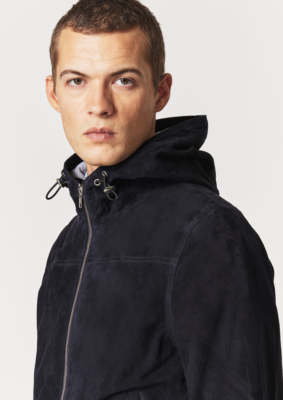 Blouson En Cuir Nubuck Uni Bleu Marine Capuche Father And Sons