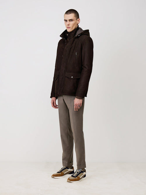 Blouson en cuir nubuck marron à capuche amovible - Father & Sons   - 4 