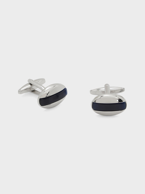 Boutons de manchettes ovales argent avec inserts bleu marine - Father & Sons   -  