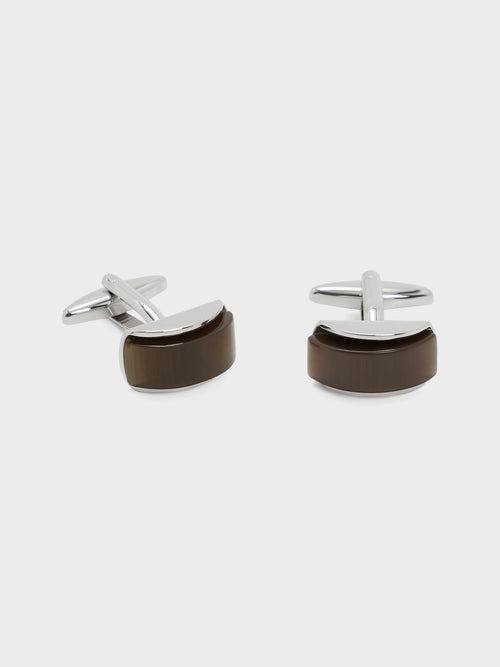 Boutons de manchettes rectangles argent avec inserts marron - Father & Sons   -  