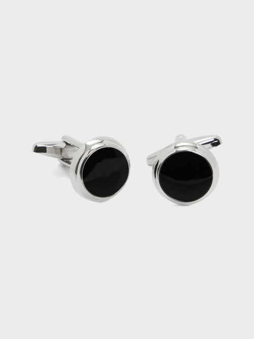 Boutons de manchettes ronds argent avec inserts noirs - Father & Sons   - 1 