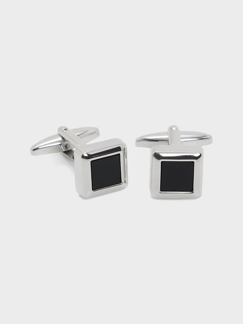 Boutons de manchettes carrés argent avec inserts noirs - Father & Sons   - 1 