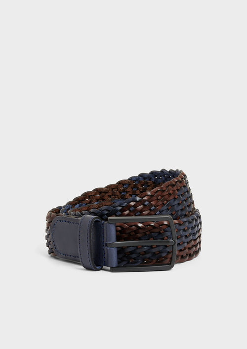 Ceinture tressée en cuir bleu nuit et marron - Father & Sons   - 1 