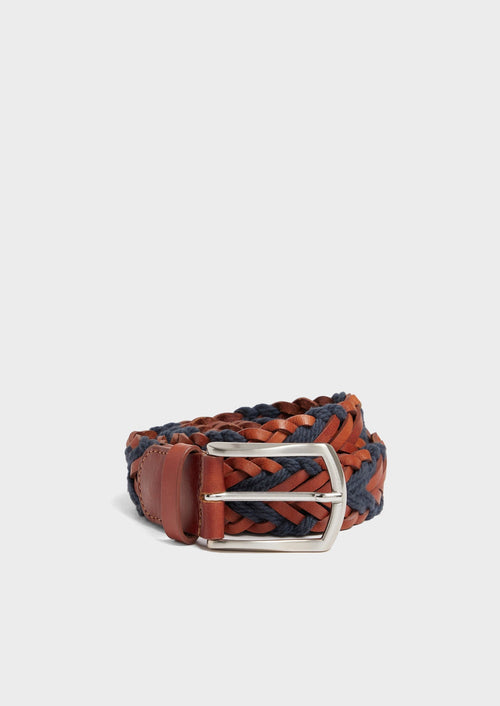 Ceinture tressée en cuir et cordes cognac et bleu marine - Father & Sons   - 1 