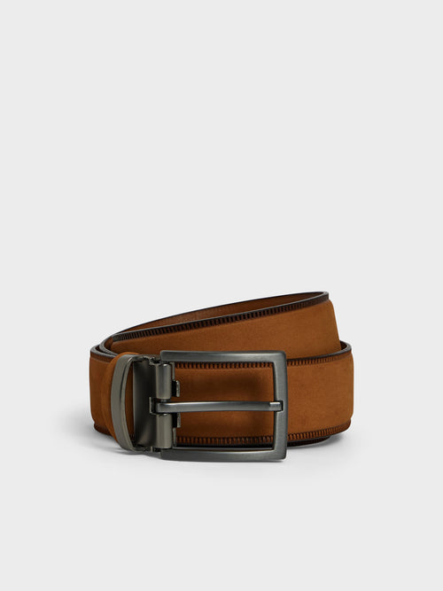 Ceinture ajustable en cuir nubuck camel - Father & Sons   - 1 