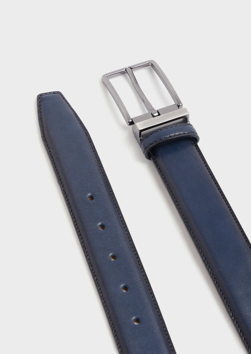 Ceinture ajustable en cuir lisse bleu marine - 2 - Father & Sons   - 3 