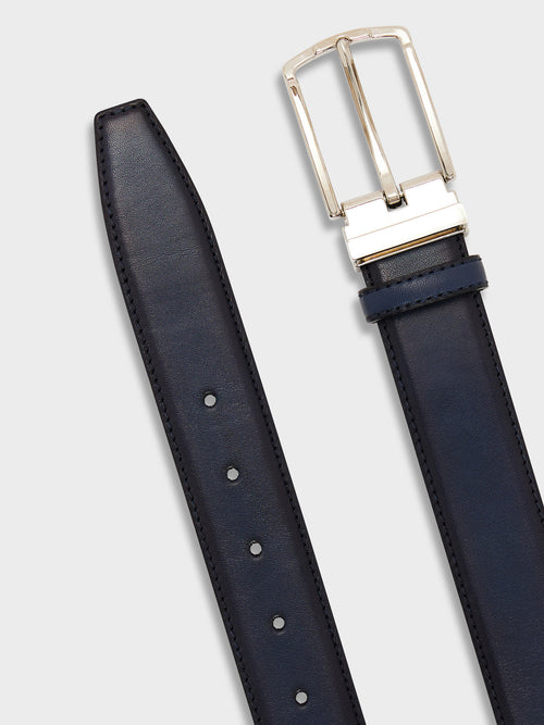 Ceinture ajustable en cuir lisse bleu marine - 2 - Father & Sons   - 5 