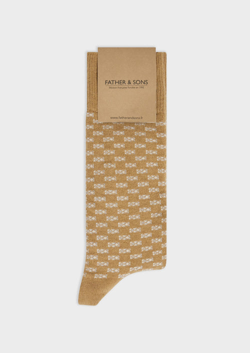 Chaussettes en coton bio mélangé camel à motif fantaisie écru et gris perle - Father & Sons   - 1 