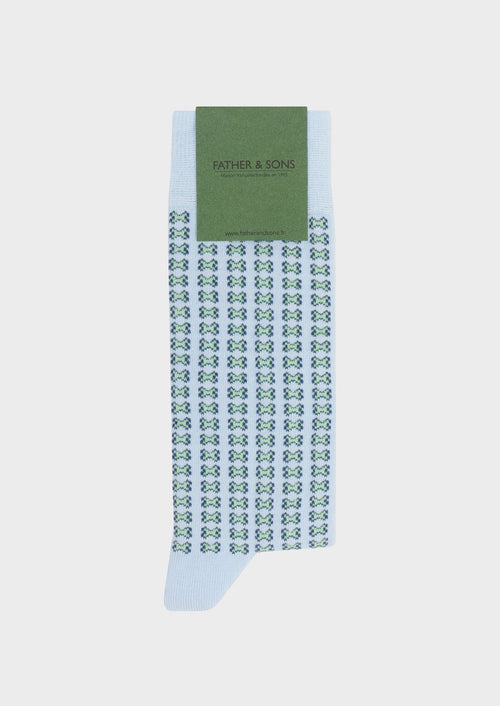 Chaussettes en coton bio mélangé bleu ciel à motif fantaisie bleu et vert - 1 - Father & Sons   - 3 