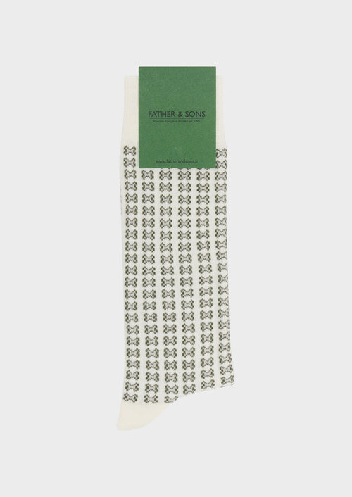 Chaussettes en coton bio mélangé écru à motif fantaisie gris et kaki - Father & Sons   - 1 