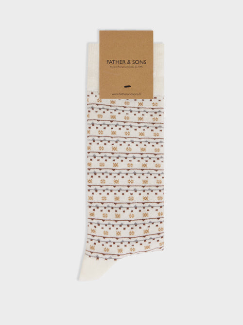 Chaussettes en coton bio mélangé écru à motif marron et gris - Father & Sons   - 1 