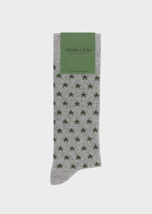 Chaussettes en coton bio mélangé gris à motif étoile kaki - 1 - Father & Sons   - 11 