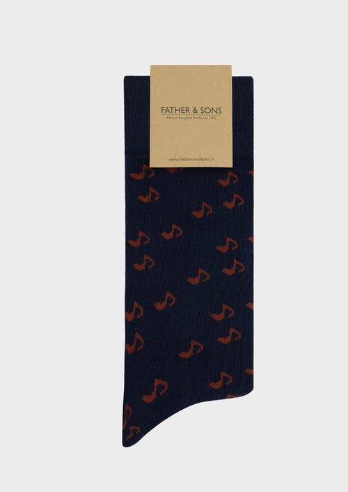 Chaussettes en coton bio mélangé bleu marine à motif harpe terracotta - 1 - Father & Sons   - 17 