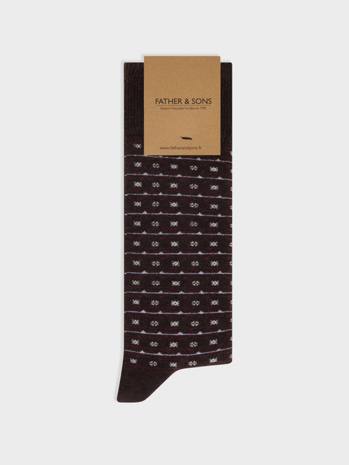 Chaussettes en coton bio mélangé marron à motif rouge et écru - Father & Sons   - 1 