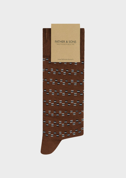 Chaussettes en coton bio mélangé marron à motif fantaisie gris et noir - Father & Sons   - 1 