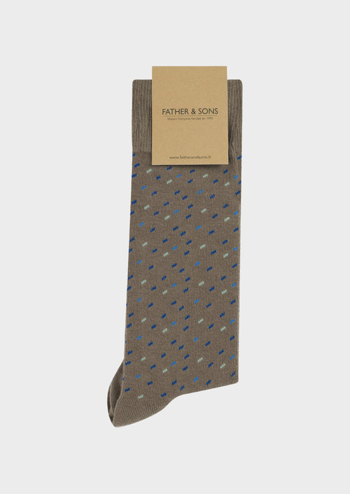 Chaussettes en coton bio mélangé taupe à motif fantaisie bleu - 1 - Father & Sons   - 15 