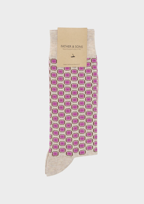 Chaussettes en coton mélangé beige foncé à motifs géométriques rose et marron - 1 - Father & Sons   - 13 