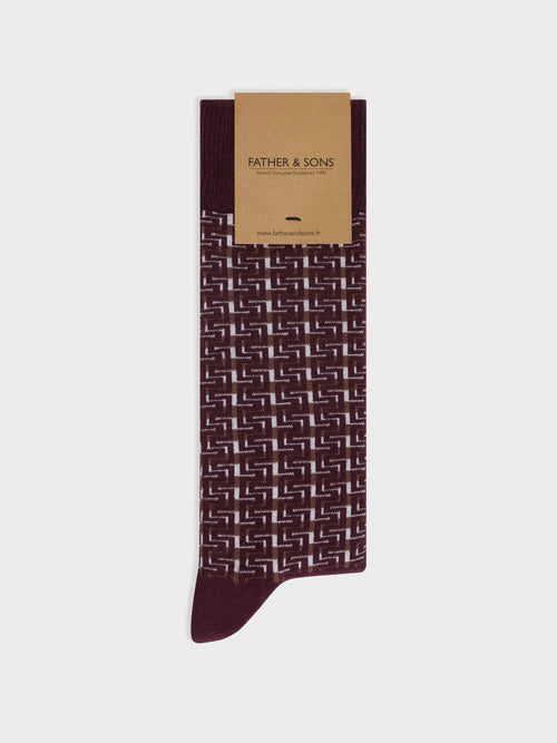 Chaussettes en coton bio mélangé bordeaux à motif marron et écru - Father & Sons   - 1 