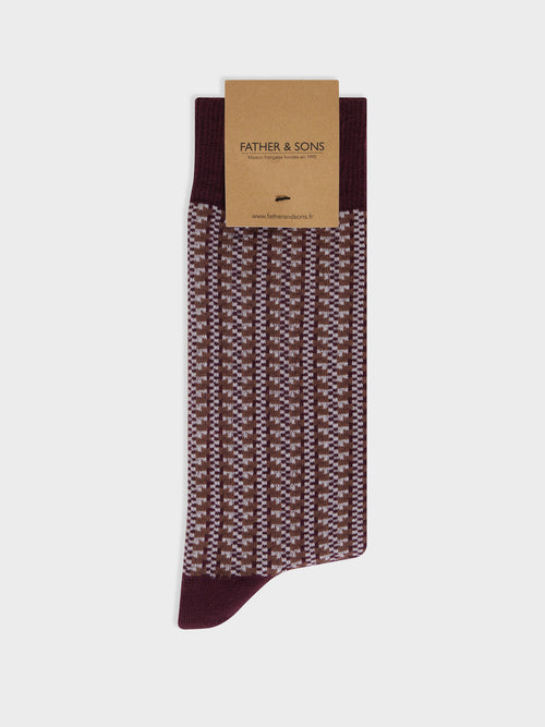 Chaussettes en coton bio mélangé bordeaux à motif écru et marron - Father & Sons   - 1 