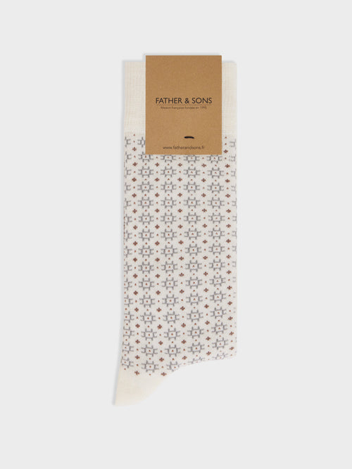 Chaussettes en coton bio mélangé écru à motif beige et gris - 1 - Father & Sons   - 10 