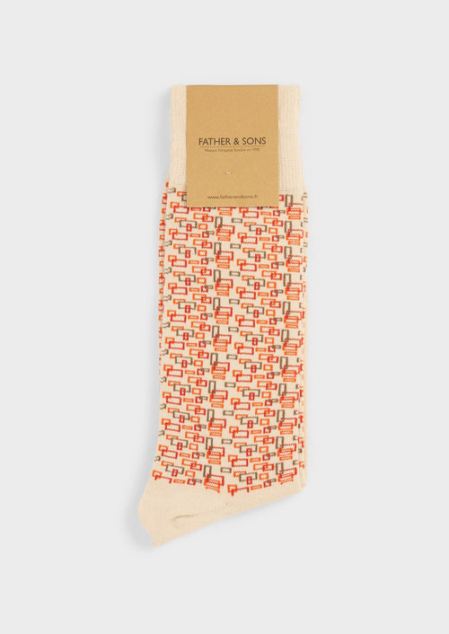 Chaussettes en coton bio mélangé mastic à motifs géométriques rouge et marron - Father & Sons   - 1 