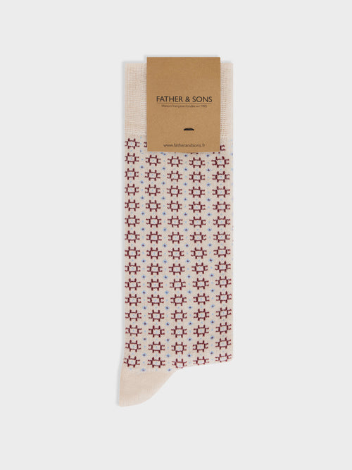 Chaussettes en coton bio mélangé écru à motif bleu et bordeaux - 1 - Father & Sons   - 15 