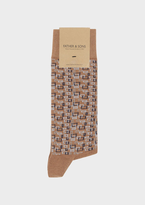 Chaussettes en coton mélangé tabac à motifs géométriques beige et bleu marine - 1 - Father & Sons   - 14 