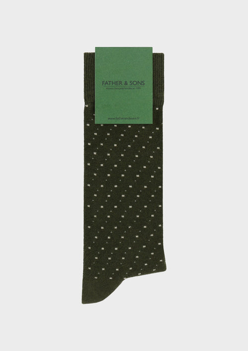 Chaussettes en coton bio mélangé kaki à pois sable et gris - Father & Sons   - 1 