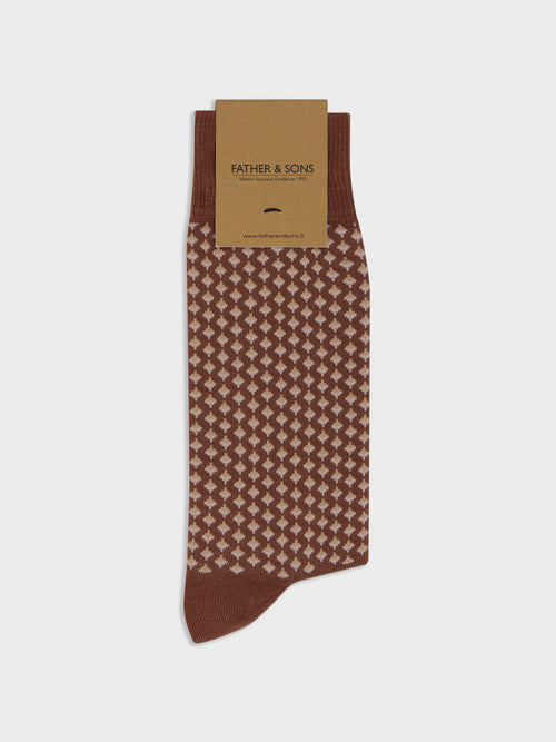 Chaussettes en coton bio mélangé marron à motif beige - 1 - Father & Sons   - 14 