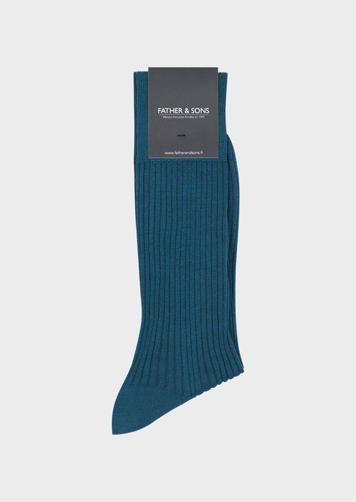 Chaussettes en coton fil d'Ecosse uni bleu paon - Father & Sons   - 1 