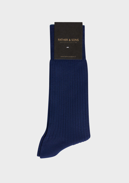 Chaussettes en coton fil d'Ecosse uni bleu indigo - Father & Sons   - 1 