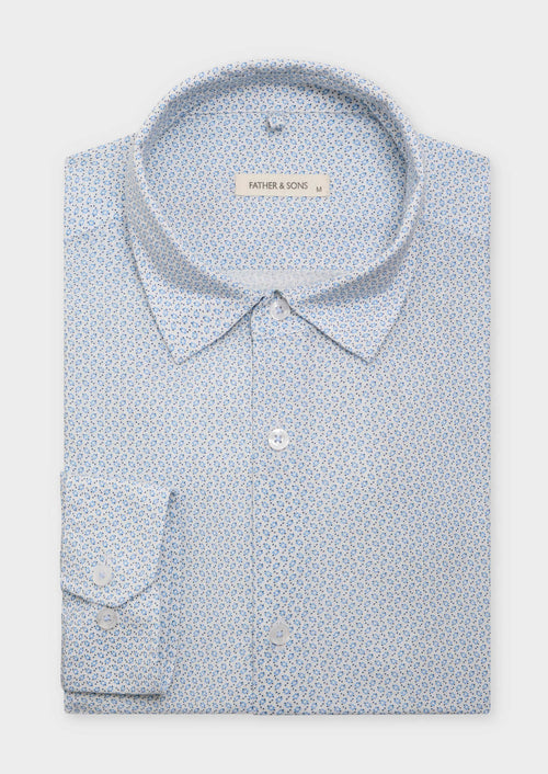 Chemise sport Slim en lin et coton blancs à motif fantaisie bleu ciel - 1 - Father & Sons   - 11 