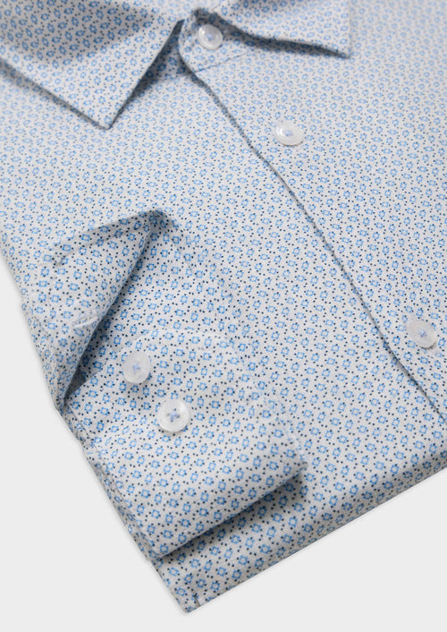 Chemise sport Slim en lin et coton blancs à motif fantaisie bleu ciel - Father & Sons   - 3 