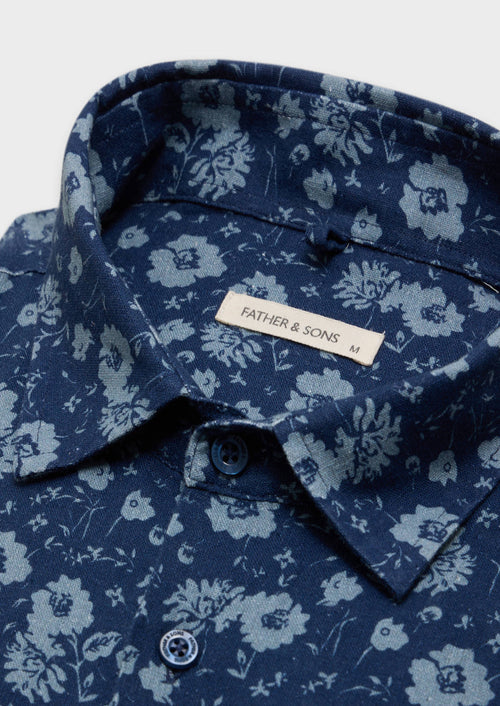 Chemise sport Slim en lin et coton bleu marine à motif fleuri bleu - 2 - Father & Sons   - 23 