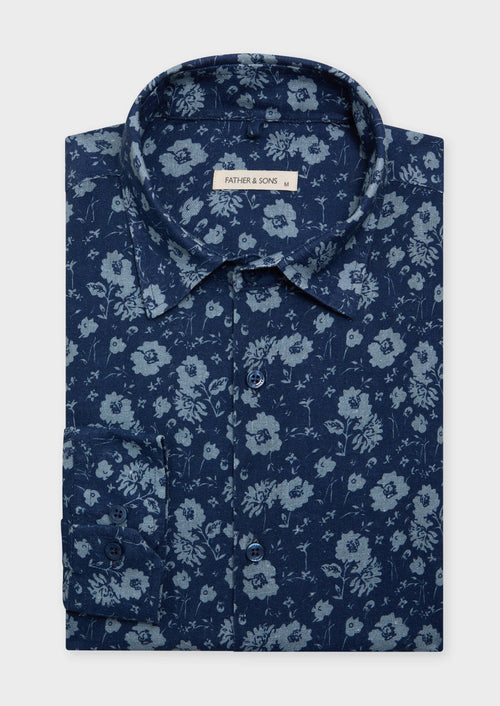 Chemise sport Slim en lin et coton bleu marine à motif fleuri bleu - 1 - Father & Sons   - 18 