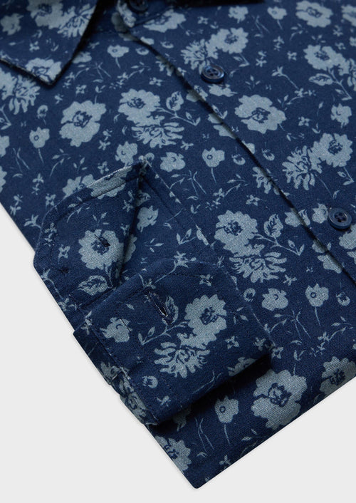 Chemise sport Slim en lin et coton bleu marine à motif fleuri bleu - Father & Sons   - 3 