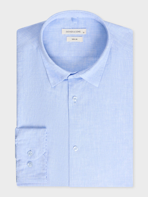 Chemise sport Slim en lin uni bleu azur - 1 - Father & Sons   - 11 