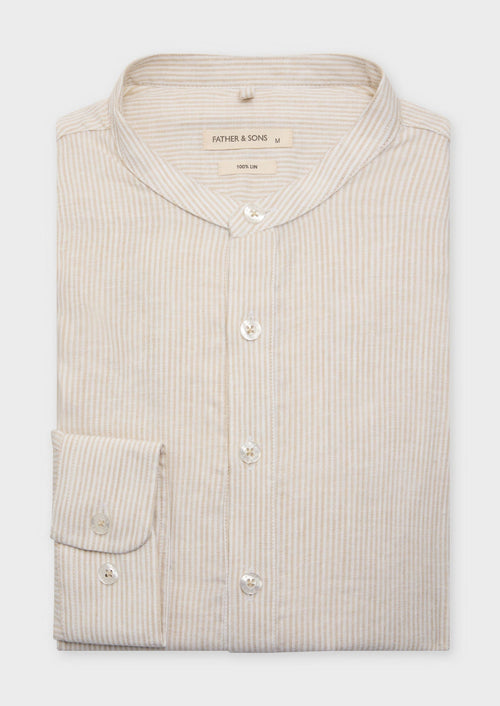 Chemise sport Slim en lin blanc à rayures beiges à col officier - 1 - Father & Sons   - 6 