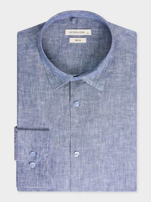 Chemise sport Slim en lin uni bleu chambray - Father & Sons   - 1 