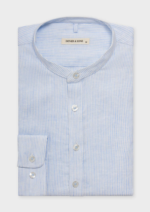 Chemise sport Slim en lin mélangé blanc à rayures bleu ciel à col officier - Father & Sons   - 1 