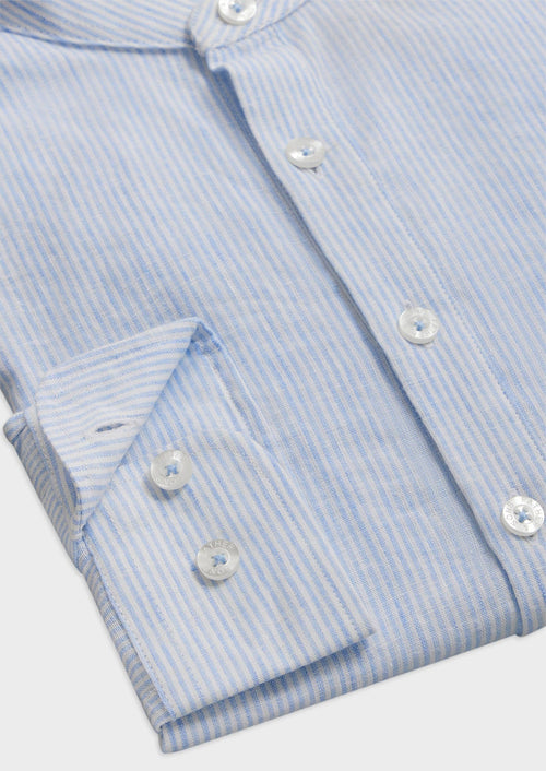 Chemise sport Slim en lin mélangé blanc à rayures bleu ciel à col officier - Father & Sons   - 3 