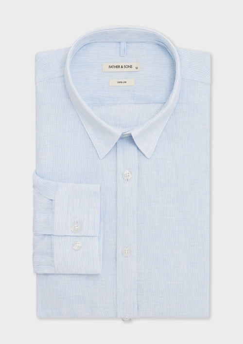 Chemise sport Slim en lin blanc à rayures bleu ciel - Father & Sons   - 1 