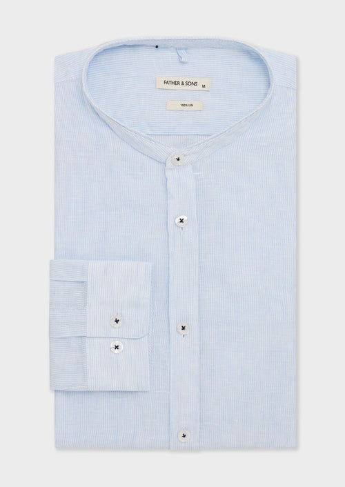 Chemise sport Slim en lin blanc à rayures bleu ciel à col officier - 1 - Father & Sons   - 4 