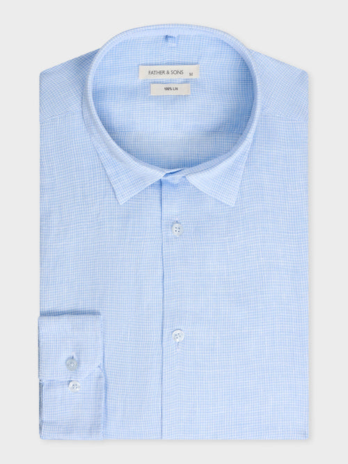 Chemise sport Slim en lin bleu ciel à carreaux blancs - Father & Sons   - 1 