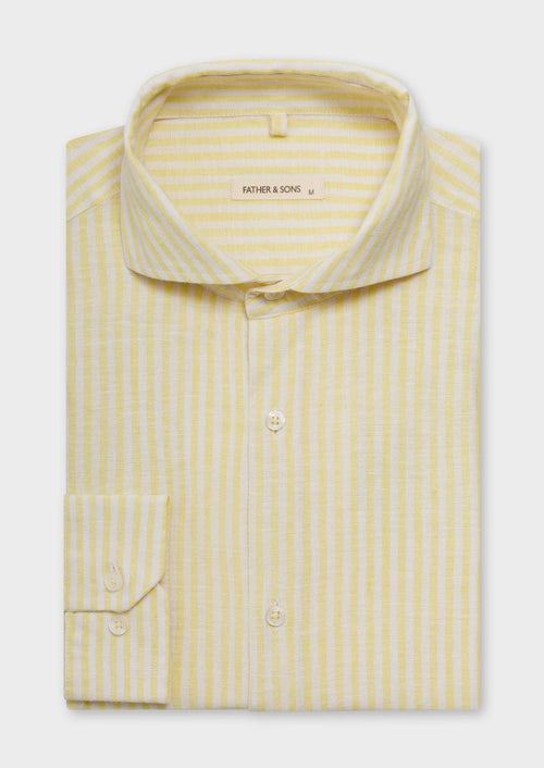 Chemise sport Slim en lin et coton blancs à rayures jaunes - 1 - Father & Sons   - 19 