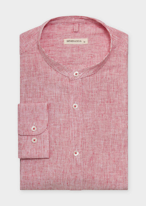 Chemise sport Slim en lin et coton blancs à rayures rouges à col officier - Father & Sons   - 1 