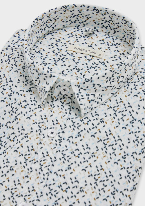 Chemise sport Slim en lin blanc à motif fantaisie bleu et marron - 2 - Father & Sons   - 12 