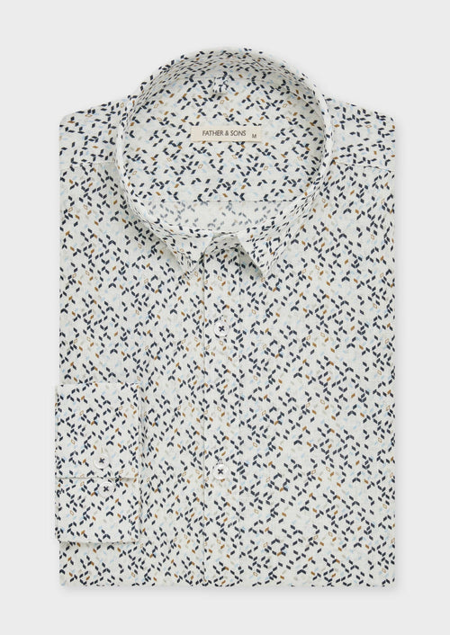 Chemise sport Slim en lin blanc à motif fantaisie bleu et marron - Father & Sons   - 1 