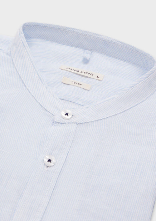 Chemise sport Slim en lin blanc à rayures bleu ciel à col officier - Father & Sons   - 5 