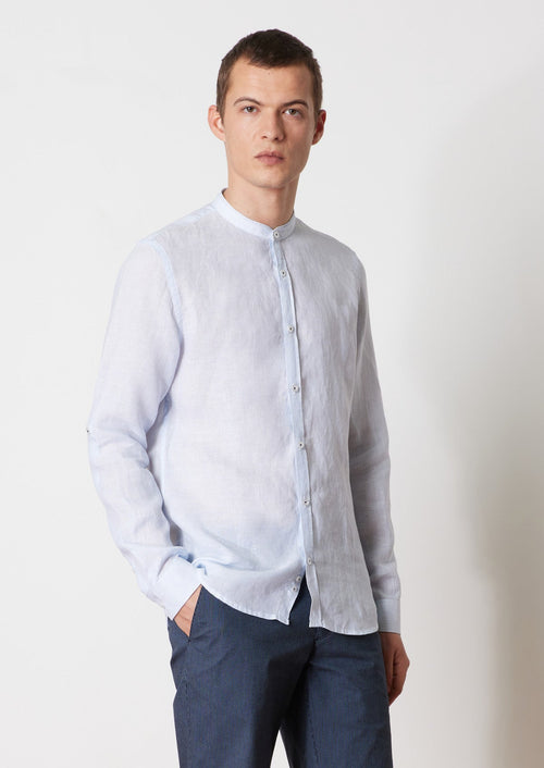 Chemise sport Slim en lin blanc à rayures bleu ciel à col officier - Father & Sons   - 1 